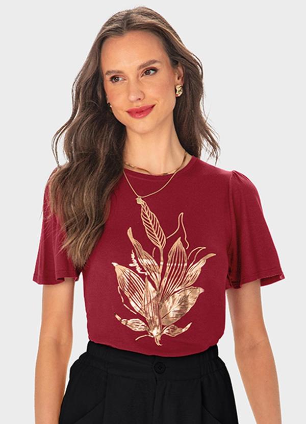 Malwee - Camiseta Bordô Feminina Folhagens em Foil