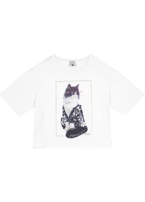 Malwee - Camiseta Branca Cropped Gatinho - MALWEE
