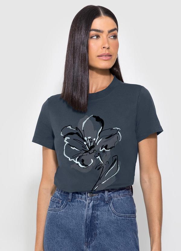 Enfim - Camiseta Cinza Grafite Feminina Slim Floral