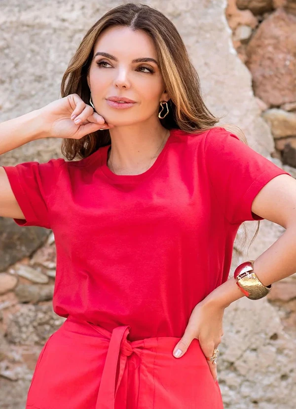 Hiatto Confecção - Camiseta Feminina Manga Curta Branca Vermelho