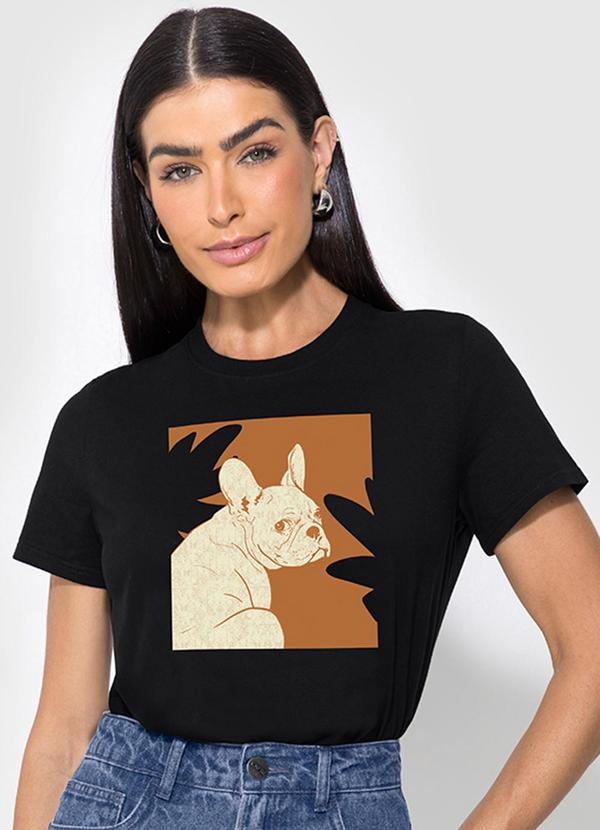 Enfim - Camiseta Preto Feminina Slim Bulldog
