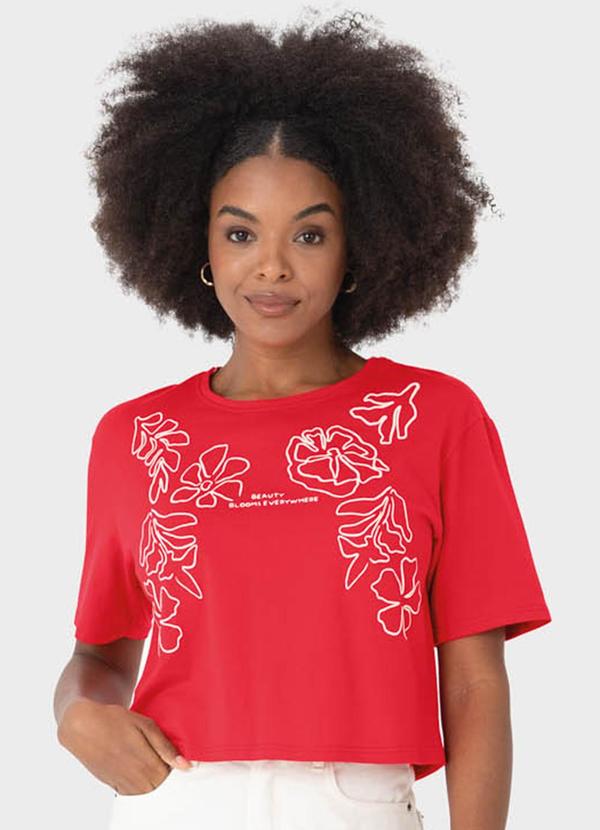 Malwee - Camiseta Vermelha Cropped Floral