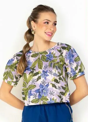Moda Pop - Cropped Floral Manga Curta com Pregas e Punho - MODA POP