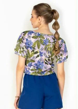 Moda Pop - Cropped Floral Manga Curta com Pregas e Punho - MODA POP
