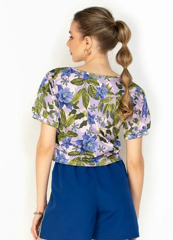 Moda Pop - Cropped Floral Manga Curta com Pregas e Punho 2