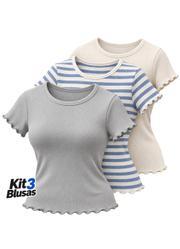 Kit 3 Blusas Caneladas Feminina