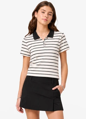 Minty - Polo Feminina Box Cotton Listrado Bege - MINTY