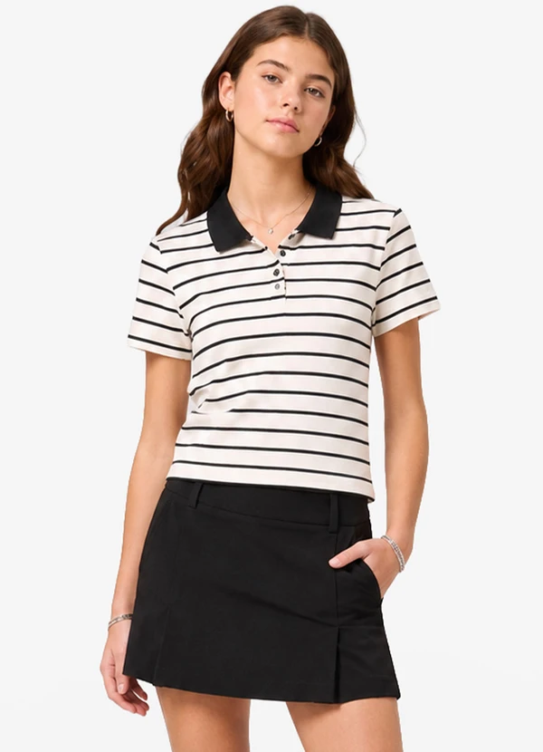 Minty - Polo Feminina Box Cotton Listrado Bege