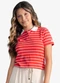 Minty - Polo Feminina Box Cotton Listrado Bege - variação: Vermelho