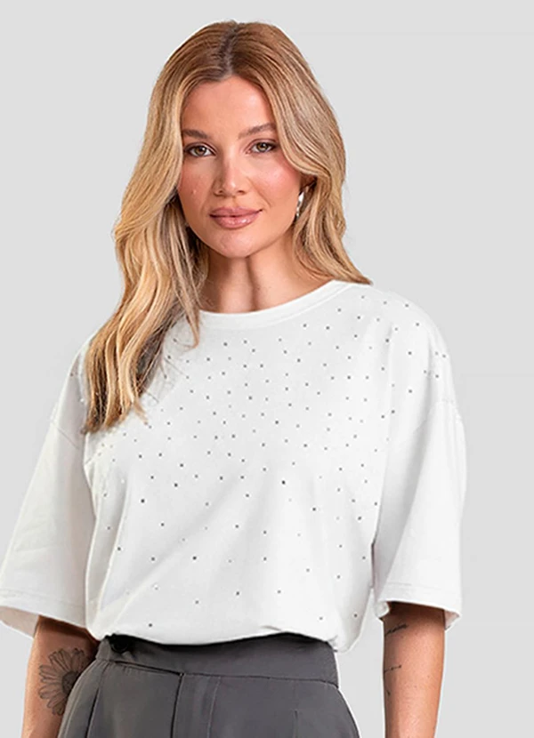 Dianna - T- Shirt Box Feminina com Strass Bege