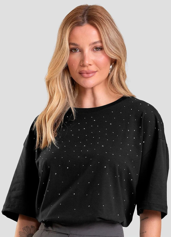 Dianna - T- Shirt Box Feminina com Strass Preto