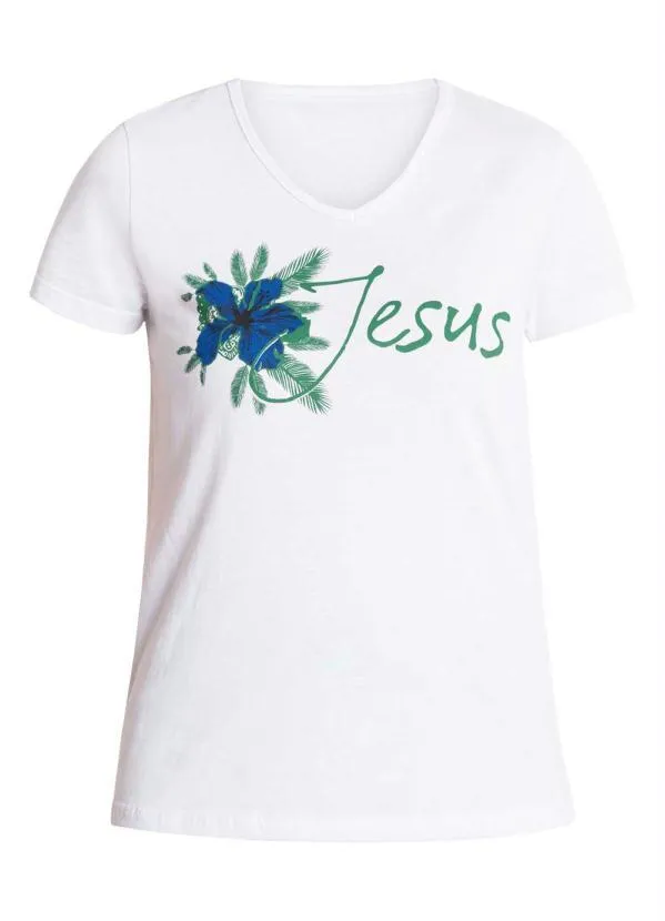 Rosalie - T-Shirt com Estampa Frontal e Decote V Branca 6