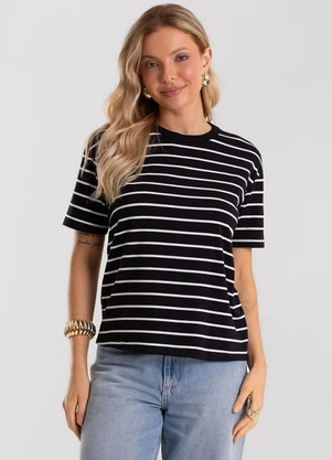Rovitex - T-Shirt Feminina Básica Listrada Preto - ROVITEX