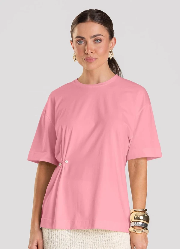 Dianna - T- Shirt Feminina com Aplique de Aviamento Rosa