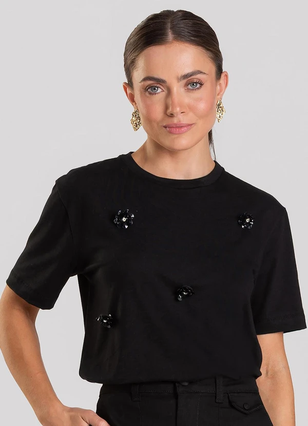 Dianna - T- Shirt Feminina com Aplique de Flores Preto