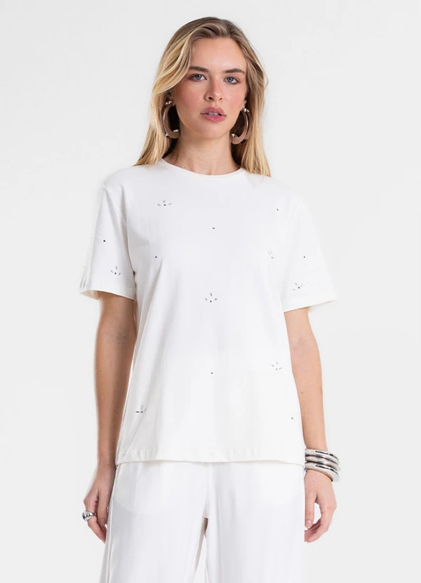 Endless - T-Shirt Feminina Cotton com Aplicações Bege