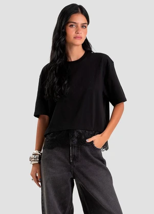 Dianna - T-Shirt Feminina em Meia Malha com Renda Preto - DIANNA