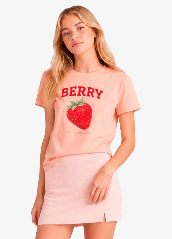 Minty - T Shirt Feminina Manga Curta com Estampa Rosa