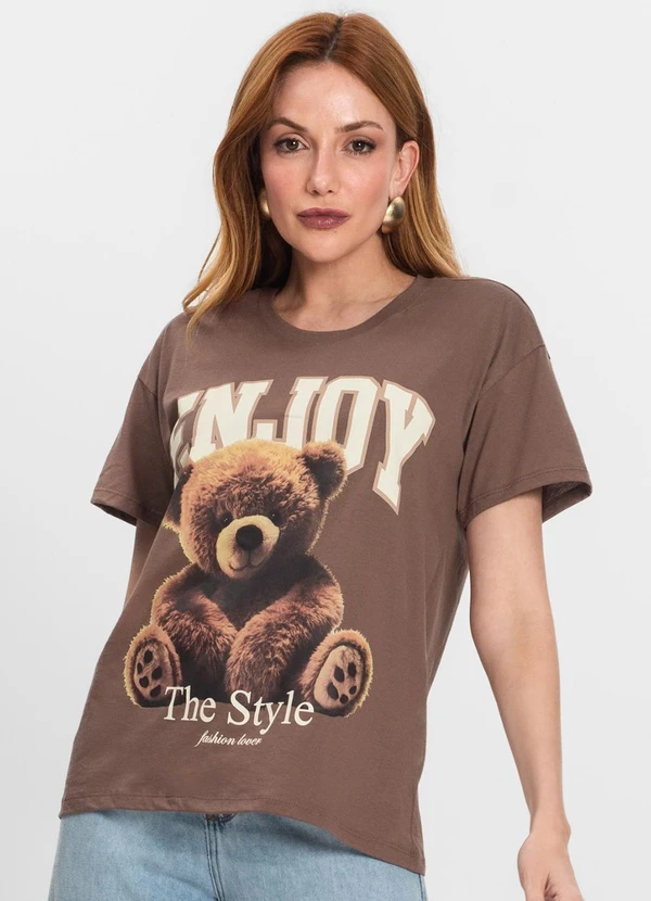 Rovitex - T-Shirt Feminina Manga Curta Estampada Marrom