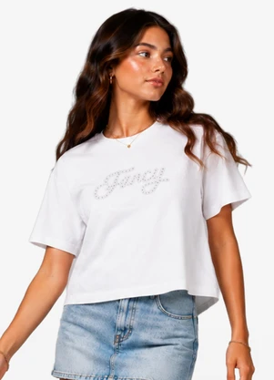 Minty - T-Shirt Feminina Meia Malha com Aplique Branco - MINTY