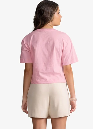 Minty - T-Shirt Feminina Meia Malha com Bordado Rosa - MINTY