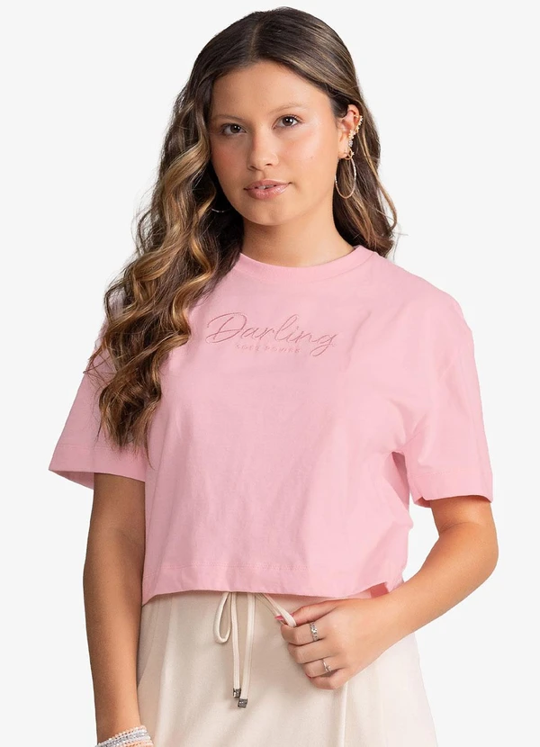 Minty - T-Shirt Feminina Meia Malha com Bordado Rosa