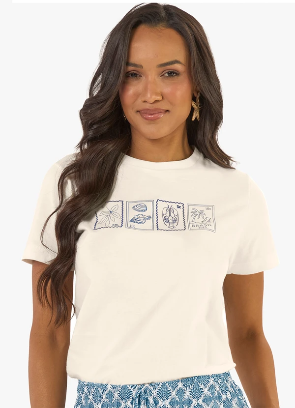 Rovitex - T-Shirt Feminina Meia Malha com Estampa Bege