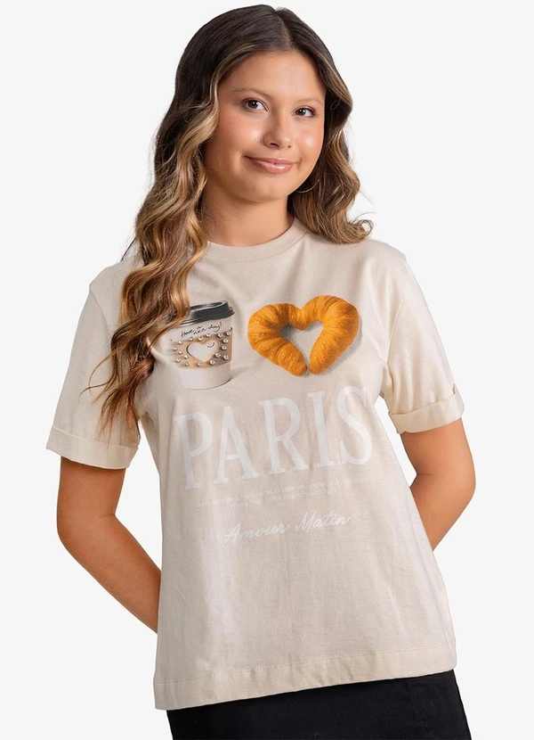 Minty - T-Shirt Feminina Meia Malha com Estampa Bege