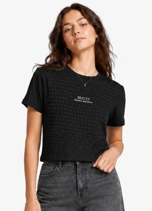 Minty - T-Shirt Feminina Meia Malha com Estampa Preto - MINTY