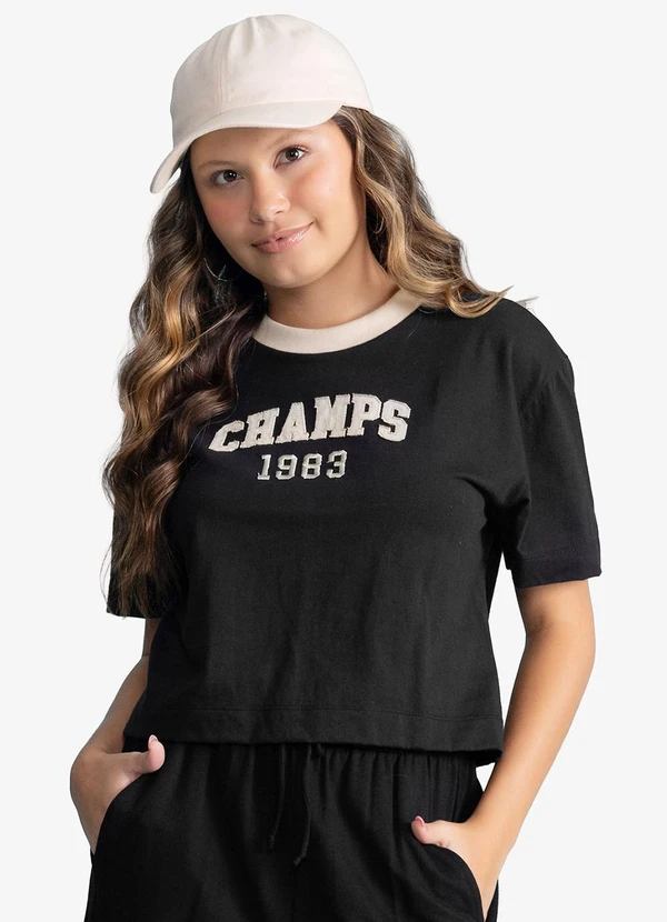 Minty - T-Shirt Feminina Meia Malha com Estampa Preto
