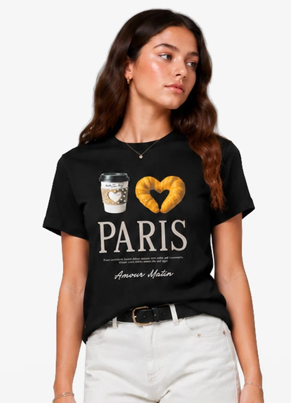 Minty - T-Shirt Feminina Meia Malha com Estampa Preto