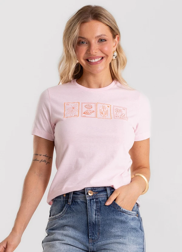Rovitex - T-Shirt Feminina Meia Malha com Estampa Rosa