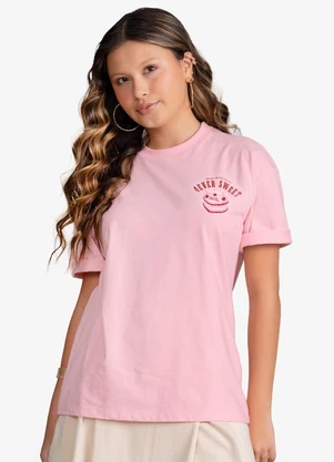 Minty - T-Shirt Feminina Meia Malha com Estampa Rosa - MINTY