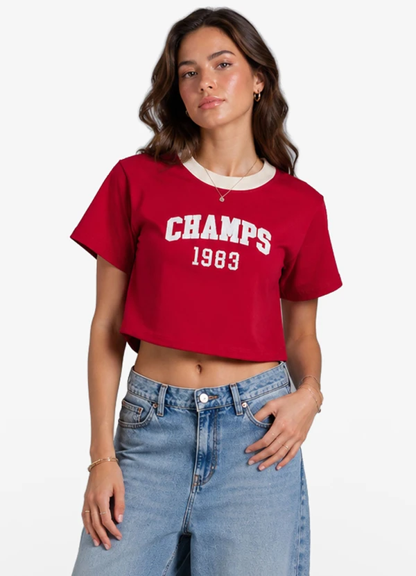 Minty - T-Shirt Feminina Meia Malha com Estampa Vermelho