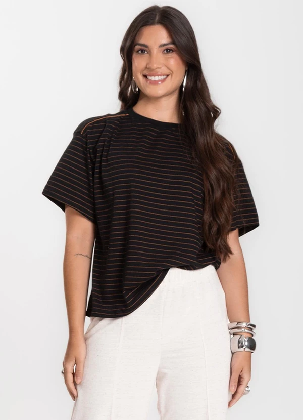 Infinita Cor - T-Shirt Feminina Listras Preto 4