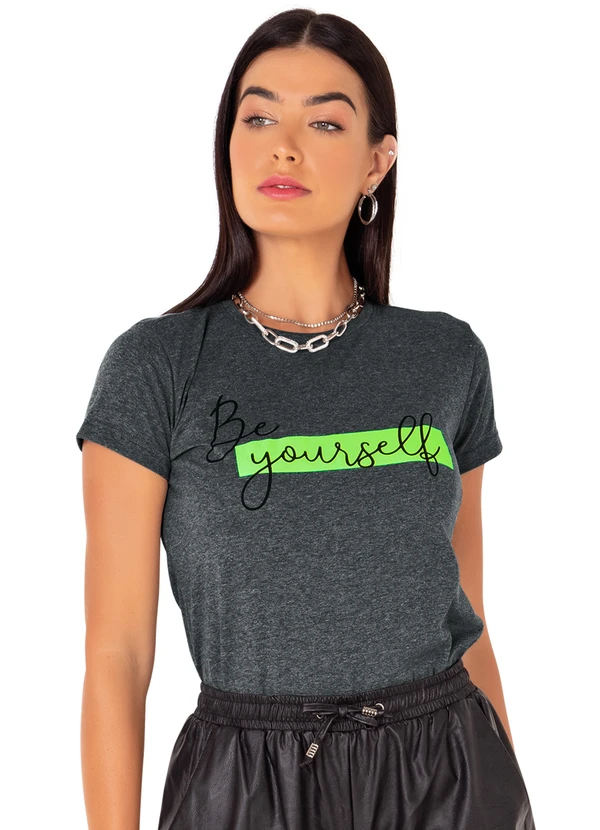 Moda Pop - T-Shirt Mescla com Mangas Curtas e Estampa Neon