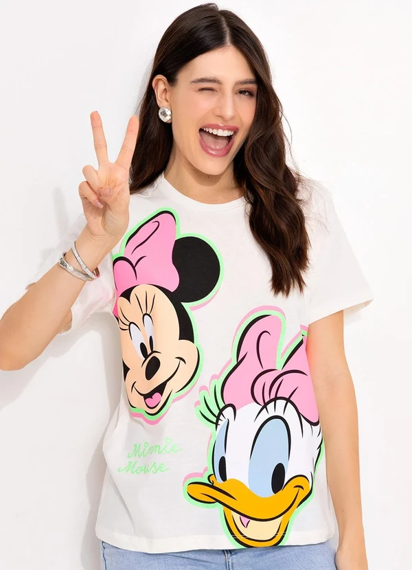Disney - T-Shirt Off White em Malha de Algodão Penteado