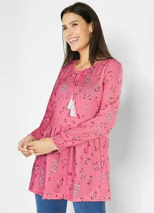 Queima Estoque - Bata Decote Redondo Manga Longa Floral Rosa - QUEIMA ESTOQUE