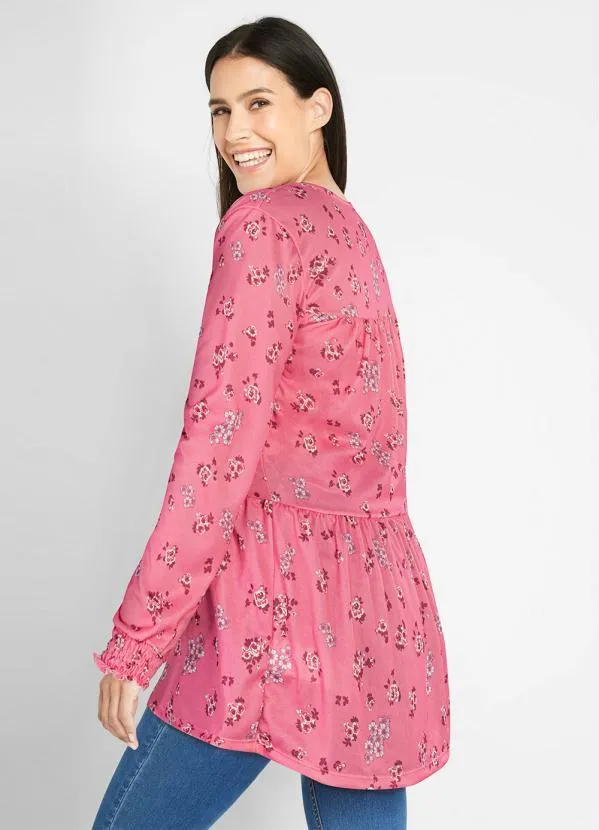 Queima Estoque - Bata Decote Redondo Manga Longa Floral Rosa 2