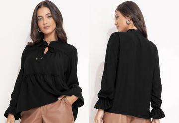 Bata Preta em Tecido de Polister com Elastano