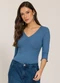 Sofie - Blusa 3/4 em Ribana com Franzido Preto - variação: Azul