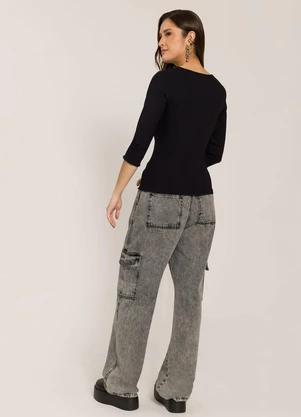 Sofie - Blusa 3/4 em Ribana com Franzido Preto - SOFIE