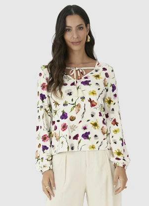 Malwee - Blusa Ampla Floral em Viscolinho Branco - MALWEE