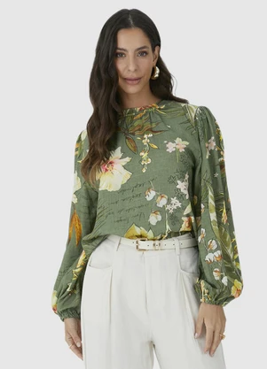 Malwee - Blusa Ampla Floral em Viscolinho Verde - MALWEE