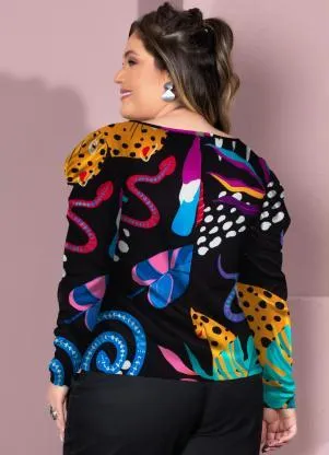 Quintess - Blusa Animais Fundo Preto com Mangas Bufantes - QUINTESS