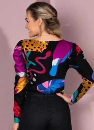 Quintess - Blusa Animais Fundo Preto com Mangas Bufantes - QUINTESS