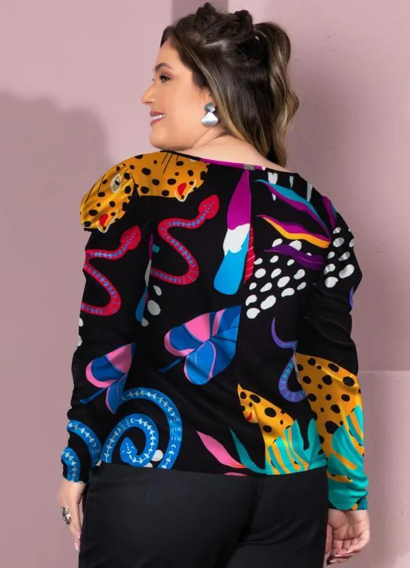 Quintess - Blusa Animais Fundo Preto com Mangas Bufantes 10