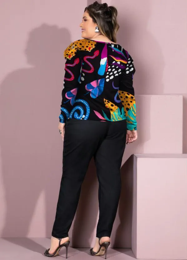 Quintess - Blusa Animais Fundo Preto com Mangas Bufantes