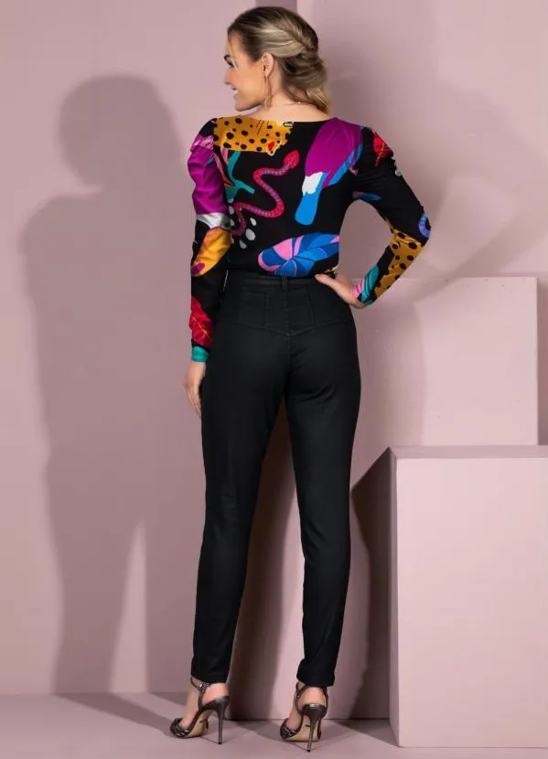 Quintess - Blusa Animais Fundo Preto com Mangas Bufantes 4