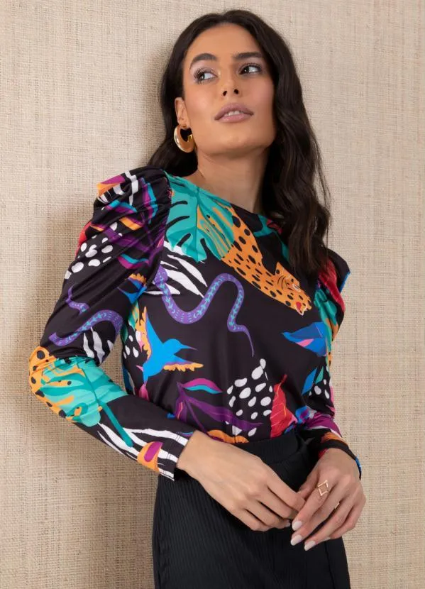 Quintess - Blusa Animais Fundo Preto com Mangas Bufantes 5
